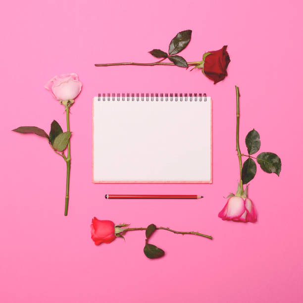frame of fresh colorful roses on pastel pink background with empty paper page and pencil- flat lay - epmty imagens e fotografias de stock