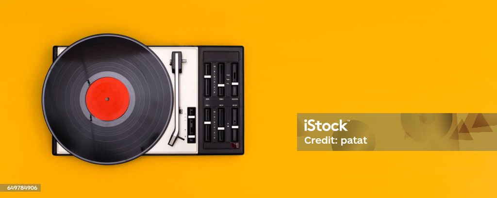 retro record player Top view record player header with copy space Record - Analog Audio Stock Photo