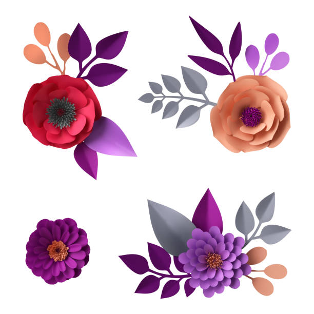 3d render, digital illustration, decorative paper flowers, craft collection, floral design elements set, clip art isolated on white background