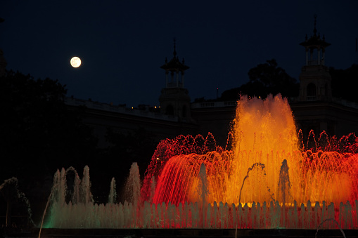 Colorful fountains of the Font Magica in Barcelona at night, Spain