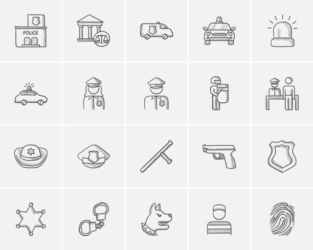 Police sketch icon set Police sketch icon set for web, mobile and infographics. Hand drawn police icon set. Police vector icon set. Police icon set isolated on white background. police station canada stock illustrations