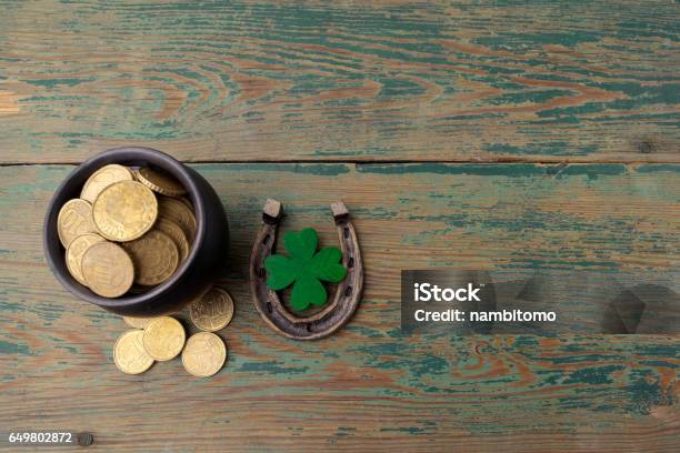 St Patricks Day Lucky Charms Horesechoe And Shamrock On Wooden Background Stock Photo - Download Image Now