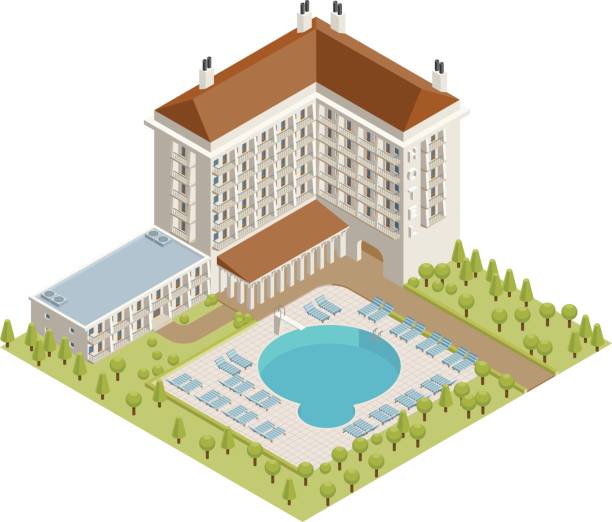illustrazioni stock, clip art, cartoni animati e icone di tendenza di hotel - località turistica
