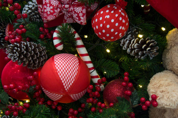 istock Christmas decoration with balls, flowers, baskets, tree and lights. 649830422
