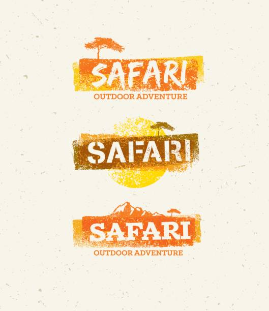 ilustraciones, imágenes clip art, dibujos animados e iconos de stock de elementos del diseño del vector de safari aventura al aire libre. concepto de natural grunge sobre fondo de papel reciclado - extreme sports adventure activity backgrounds