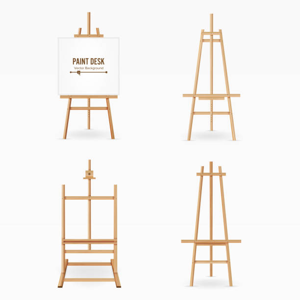 istock Paint Desk Vector. Wooden Easel Template With White Paper. Isolated On White Background. Realistic Painter Desk Set. Blank Space For Web Design 649840146