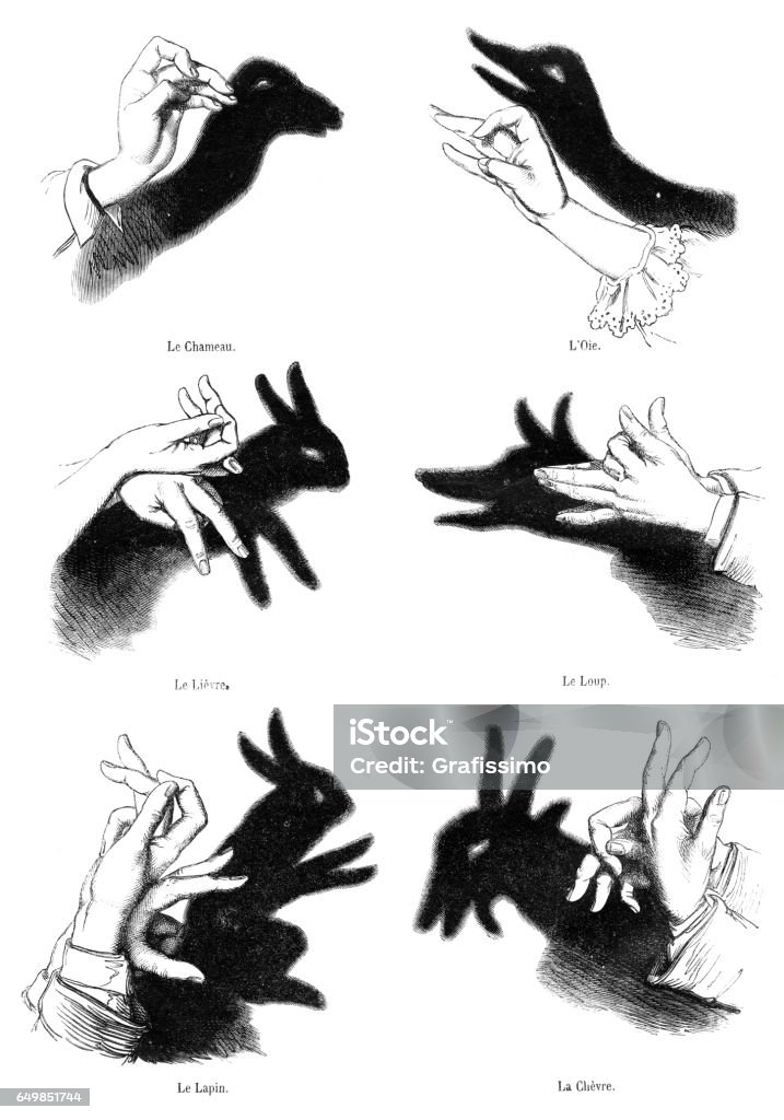 Human hands playing shadow play illustration 1861 Steel engraving hands playing shadow play 1861 Shadow Puppet stock illustration