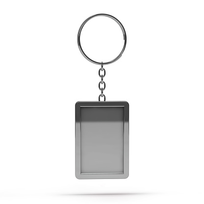 3D rendering illustration of a blank metal keychain with a ring for a key, Isolated on a changeable background. Ideal template for branding, identity guidelines and promo campaigns.