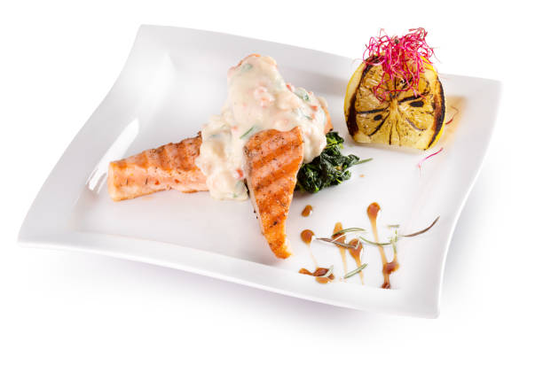 istock grilled salmon steak with sauce 649855500