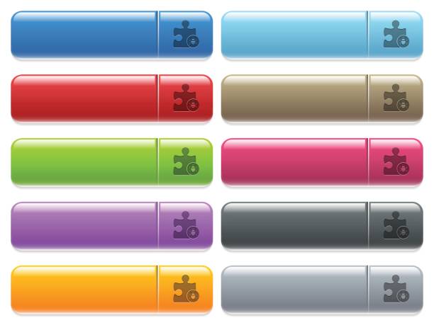 Plugin bug icons on color glossy, rectangular menu button Plugin bug engraved style icons on long, rectangular, glossy color menu buttons. Available copyspaces for menu captions. lunar module stock illustrations