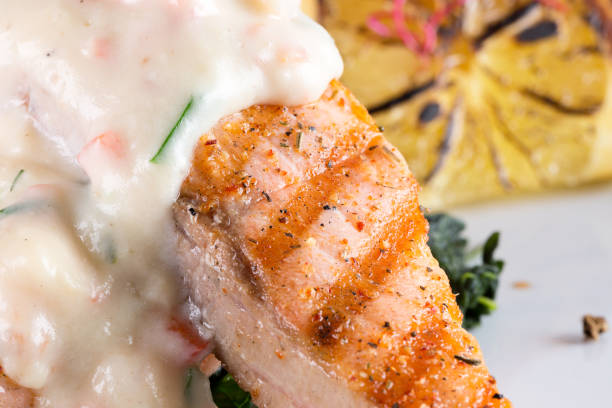 istock grilled salmon steak with sauce 649856444