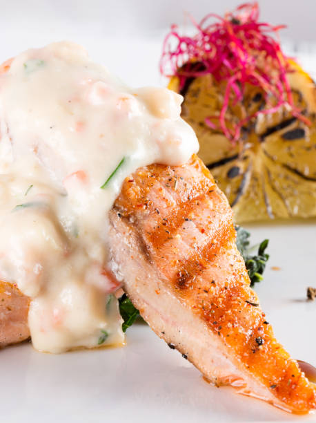 istock grilled salmon steak with sauce 649856718