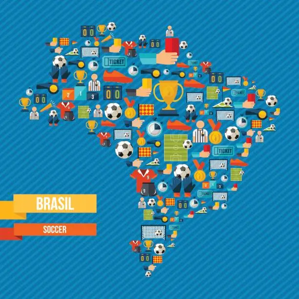 Vector illustration of Brazil soccer map of sport game icons