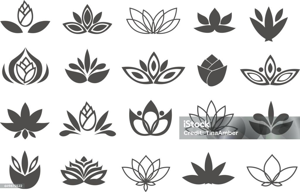Set of black flowers design elements. Plant, blossom and sprout growing icons flat line design vector. Lotus Water Lily stock vector