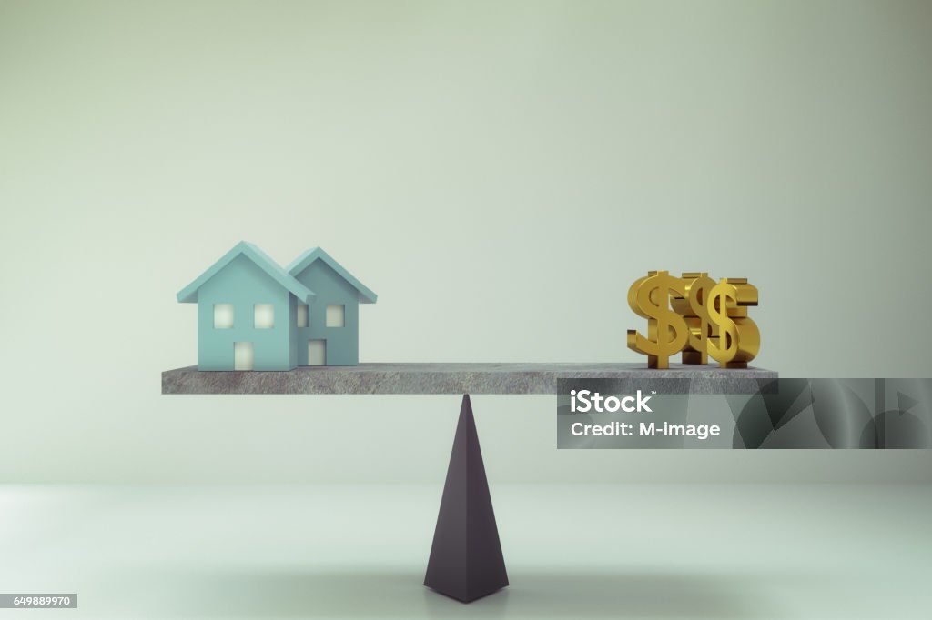 dollar sign and house on balance board 3D rendering of dollar sign with house on balance board House Stock Photo