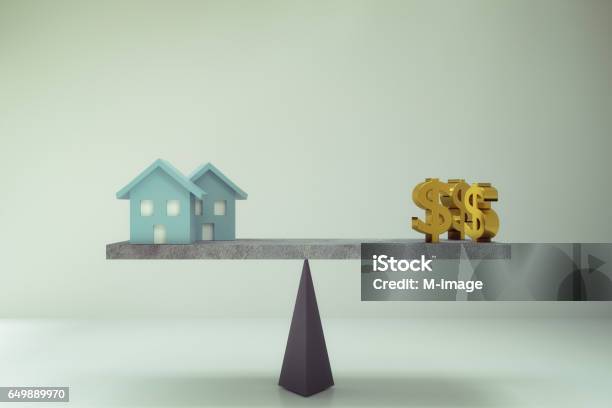 Dollar Sign And House On Balance Board Stock Photo - Download Image Now - House, Equality, Balance