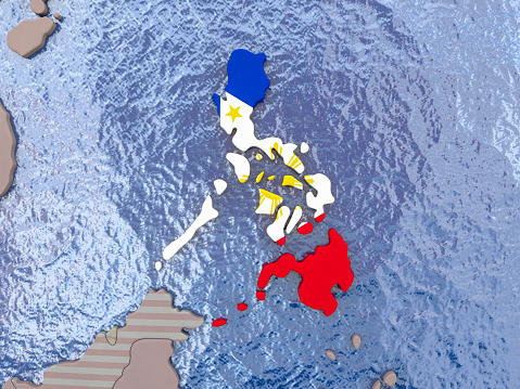 Map of Philippines with national flag on political globe with realistic water. 3D illustration. 3D model of planet created and rendered in Cheetah3D software, 4 Mar 2017.