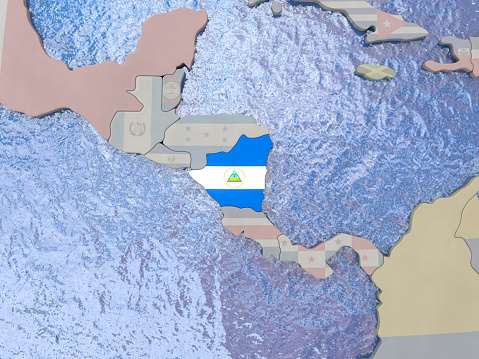 Map of Nicaragua with national flag on political globe with realistic water. 3D illustration. 3D model of planet created and rendered in Cheetah3D software, 4 Mar 2017.