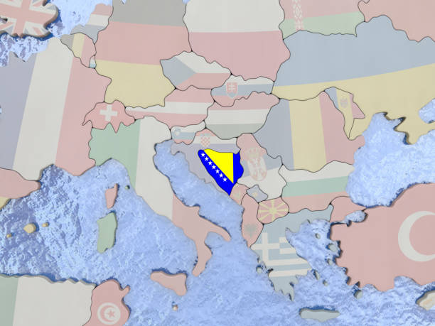 Map of Bosnia with national flag on political globe with realistic water. 3D illustration. 3D model of planet created and rendered in Cheetah3D software, 4 Mar 2017.
