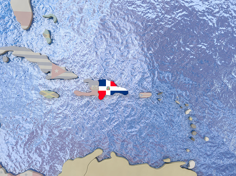 Map of Dominican Republic with national flag on political globe with realistic water. 3D illustration. 3D model of planet created and rendered in Cheetah3D software, 4 Mar 2017.