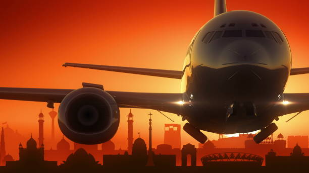 Delhi India Airplane Take Off Skyline Golden Background Very usefull for commercial film airport sunrise stock illustrations