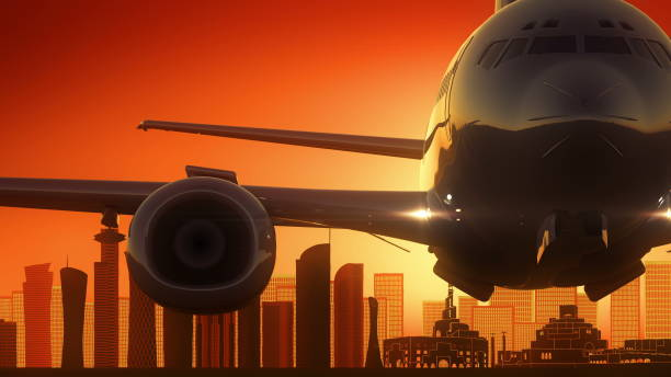Doha Qatar Take Off Skyline Golden Background Very usefull for commercial film airport sunrise stock illustrations