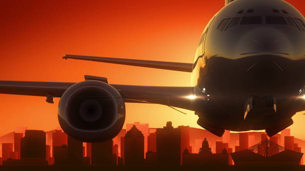 istock Durban South Africa Airplane Take Off Skyline Golden Background 649896474