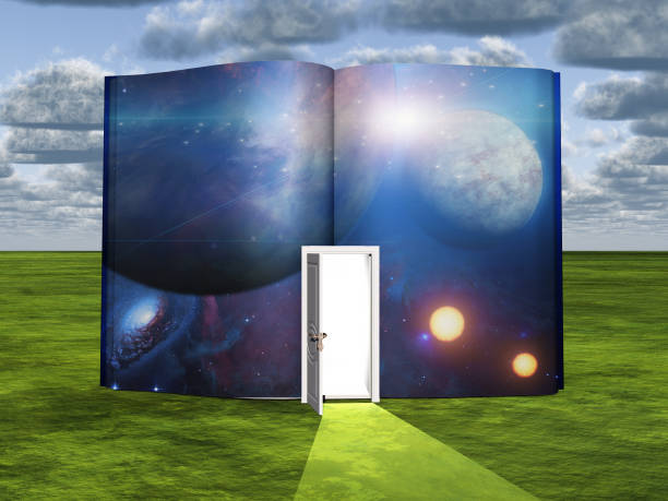 istock Book with science fiction scene and open doorway of light 649900650