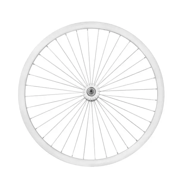 Aluminum bicycle wheel without tire. Top view, isolated on white, clipping path included
