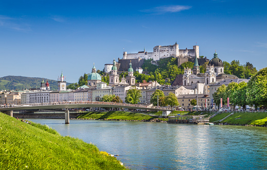 Salzburg skyline with Hohensalzburg fortress and Salzach river in summer, Salzburg, Salzburger Land, Austria