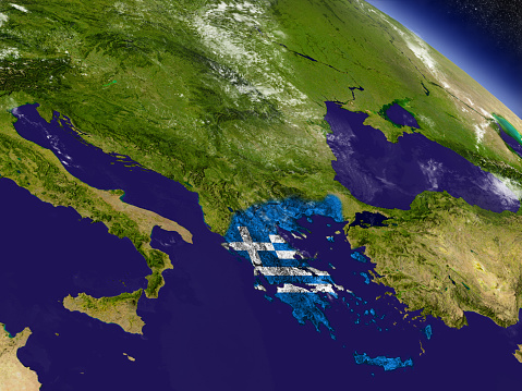 Flag of Greece on planet surface from space. 3D illustration with highly detailed realistic planet surface and clouds in the atmosphere. 3D model of planet created and rendered in Cheetah3D software, 4 Mar 2017. Some layers of planet surface use textures furnished by NASA, Blue Marble collection: http://visibleearth.nasa.gov/view_cat.php?categoryID=1484