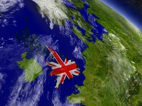 Flag of United Kingdom on planet surface from space. 3D illustration with highly detailed realistic planet surface and clouds in the atmosphere. 3D model of planet created and rendered in Cheetah3D software, 4 Mar 2017. Some layers of planet surface use textures furnished by NASA, Blue Marble collection: http://visibleearth.nasa.gov/view_cat.php?categoryID=1484