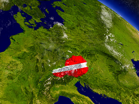 Flag of Austria on planet surface from space. 3D illustration with highly detailed realistic planet surface and clouds in the atmosphere. 3D model of planet created and rendered in Cheetah3D software, 4 Mar 2017. Some layers of planet surface use textures furnished by NASA, Blue Marble collection: http://visibleearth.nasa.gov/view_cat.php?categoryID=1484