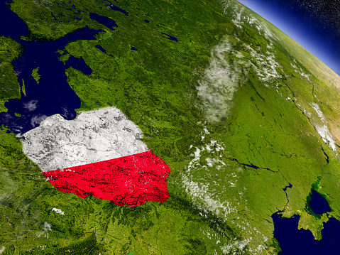 Flag of Poland on planet surface from space. 3D illustration with highly detailed realistic planet surface and clouds in the atmosphere. 3D model of planet created and rendered in Cheetah3D software, 4 Mar 2017. Some layers of planet surface use textures furnished by NASA, Blue Marble collection: http://visibleearth.nasa.gov/view_cat.php?categoryID=1484