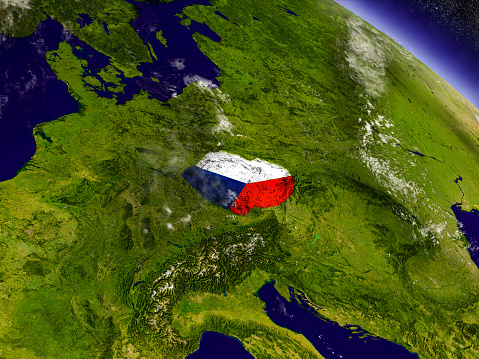 Flag of Czech republic on planet surface from space. 3D illustration with highly detailed realistic planet surface and clouds in the atmosphere. 3D model of planet created and rendered in Cheetah3D software, 4 Mar 2017. Some layers of planet surface use textures furnished by NASA, Blue Marble collection: http://visibleearth.nasa.gov/view_cat.php?categoryID=1484