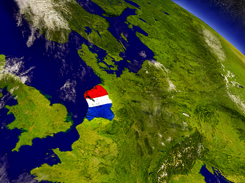 Flag of Netherlands on planet surface from space. 3D illustration with highly detailed realistic planet surface and clouds in the atmosphere. 3D model of planet created and rendered in Cheetah3D software, 4 Mar 2017. Some layers of planet surface use textures furnished by NASA, Blue Marble collection: http://visibleearth.nasa.gov/view_cat.php?categoryID=1484