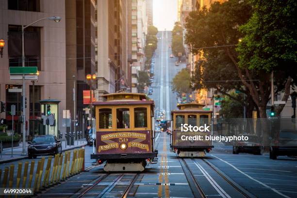 San Francisco Cable Cars On California Street At Sunrise California Usa Stock Photo - Download Image Now