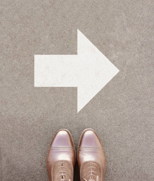 istock Just right. Big arrow and perfect kept different business shoes. 649920360