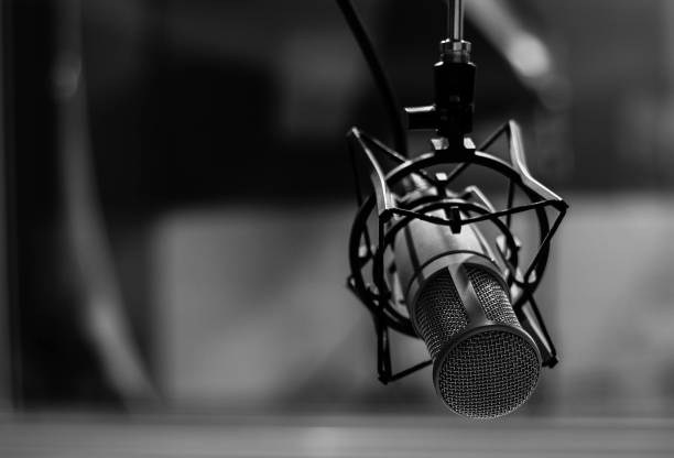 The mic. a black and withe picture with a blurred background. microphone photos stock pictures, royalty-free photos & images