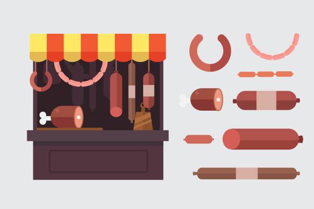 Meat shop stall with meats products Meat shop stall with meats products. Meat pork, beef, steak, ham shop stall isolated. Food shop, sausage, butcher cartoon of sweatshop stock illustrations