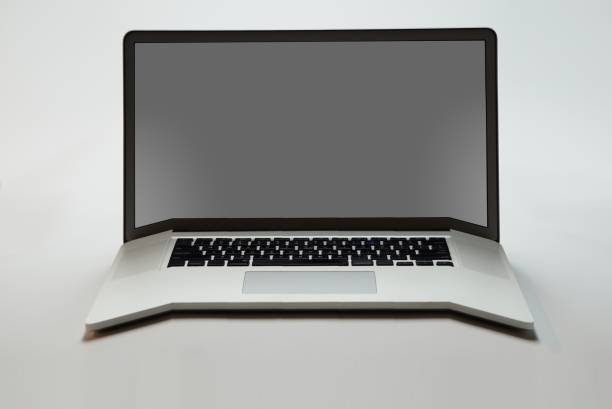 istock Front view of a bended Laptop on white background 649934538