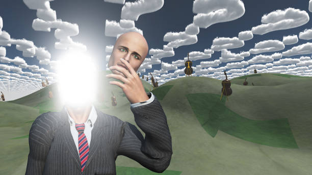 istock Man removes face showing lightn in landscape with question shaped clouds 649939344