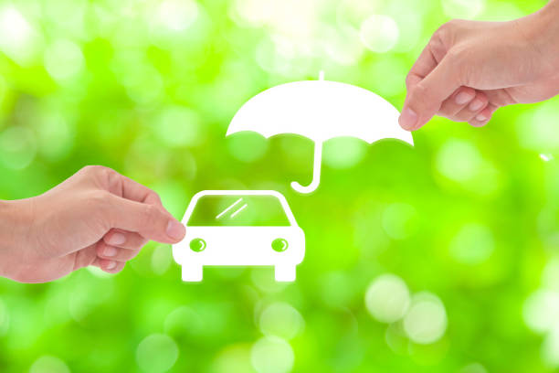istock Hand holding a paper car and umbrella on green background 649944912
