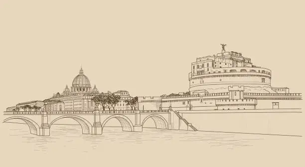 Vector illustration of Rome cityscape with St. Peter's Basilica and Castle Sant Angelo. Italian city famous landmarks