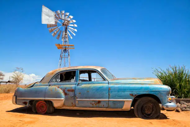 Photo of Abandoned vintage car in the desert