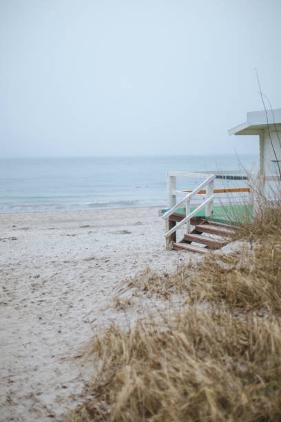 istock Dry grass and white house at beach 649963654
