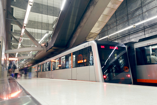 Bilbao city subway station. Sarriko station. Bilbao metro is a modern design that is under construction, from 1988 to present. Long exposure shot.