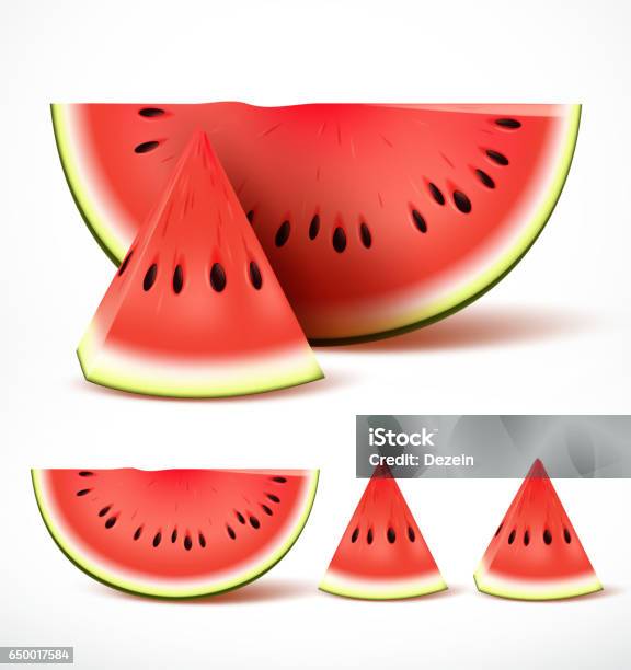 Définir Des Tranches Melon Deau Rouge Mûr En 3d Réaliste Vector Vecteurs libres de droits et plus d'images vectorielles de Pastèque