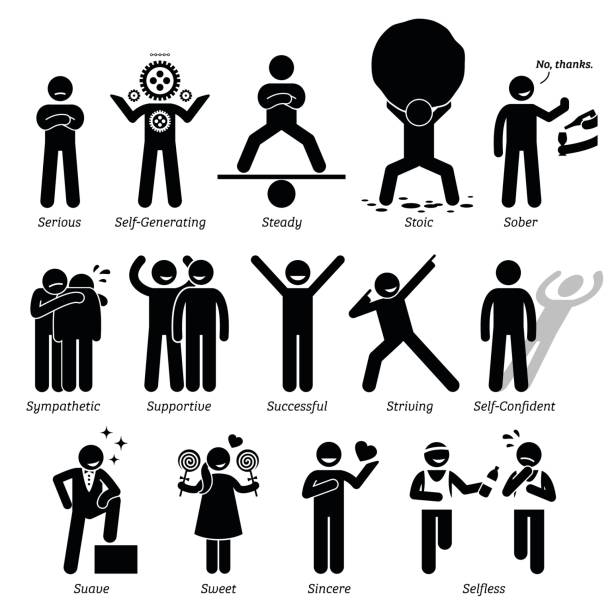 Positive Personalities Character Traits in Stick Figures. Starting with the Alphabet S. Positive personalities traits, attitude, and characteristic. Serious, self-generating, steady, stoic, sober, sympathetic, successful, striving, self-confident, suave, sweet, sincere, and selfless. self sacrifice stock illustrations