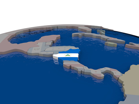 Flag of Nicaragua on globe. Official flag colours, accurate country borders. 3D illustration 3D model of planet created and rendered in Cheetah3D software, 4 Mar 2017.